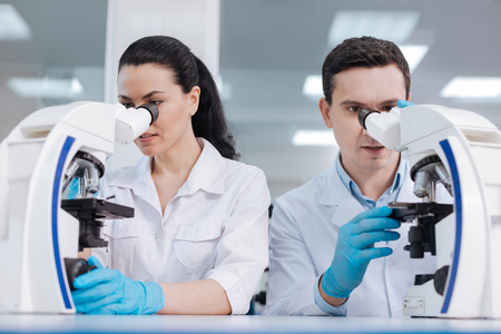 Two competent lab assistants looking into microscopeの写真素材
