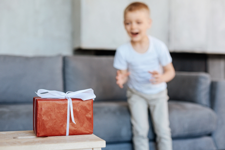 Hilarious lovely boy receiving a little surpriseの写真素材