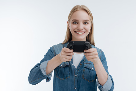 Amazing young female person smiling at camera