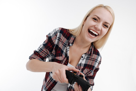 Beautiful blonde expressing positivity while posing