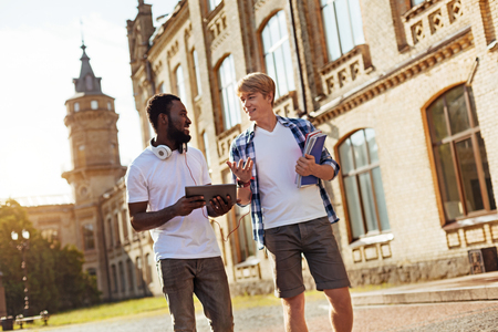 Sociable charming men engaged in conversationの写真素材