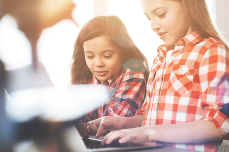 Attentive brunette helping her classmateの写真素材