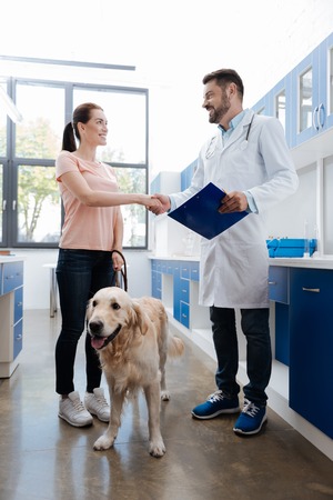 Attractive owner brought her dog for checkupの写真素材