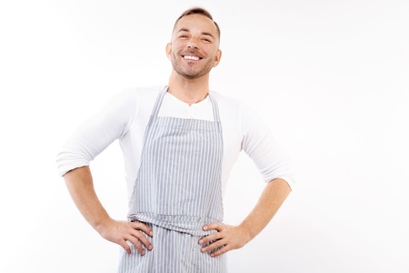 Pleasant man in apron holding hands on waistの写真素材