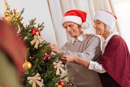 Happy elderly woman embracing her husbandの写真素材