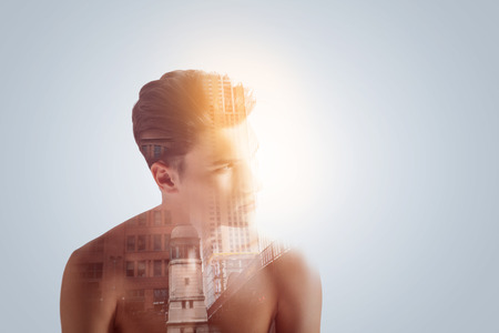 Without limits. Inventive but sad guy  is upset because trying to find ways for realizing his innovative ideasの写真素材