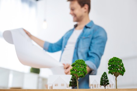 Lovely project. Smart enthusiastic skilled engineer standing in front of his miniature trees and looking at the detailed drawing in his handsの写真素材