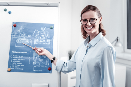 Listen to me. Positive woman keeping smile on her face and pointing at scheme while looking at cameraの写真素材