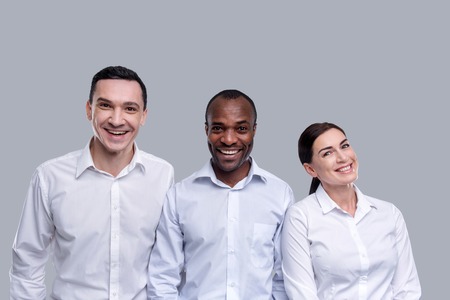 Amiable atmosphere. Happy young dark haired co-workers smiling and wearing white shirts and standing according to heightの写真素材