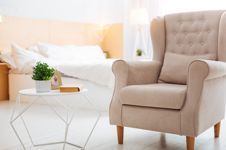 Empty room. Lovely furnished light bedroom with soft bed and comfortable armchair looking calm and quiet while being absolutely without people in itの写真素材