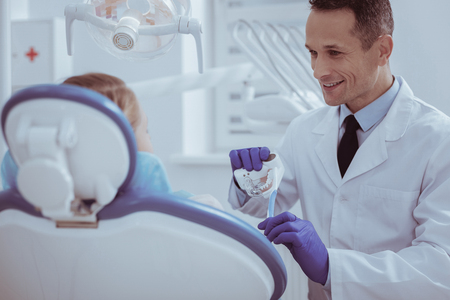 Dentistry career. Joyful merry male dentist holding dentures model while smilingの写真素材