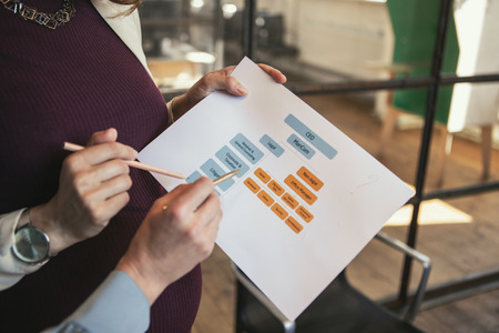 Working moments. Close up of attractive female hands holding graphic and using pencilsの写真素材