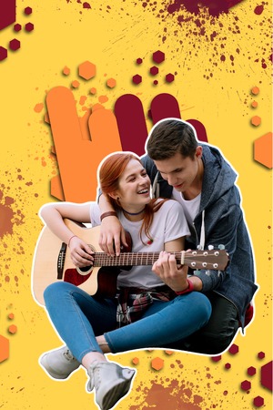 Musical instrument. Cheerful relaxed young couple smiling while sitting together and playing the...