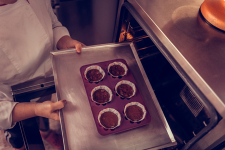 Time to bake. Top view of muffins being put in the oven by a professional female pastry chefの写真素材
