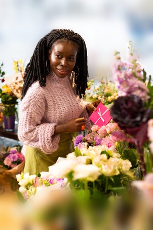 Welcome here. Pleased dark-skinned girl feeling happiness while looking asideの写真素材