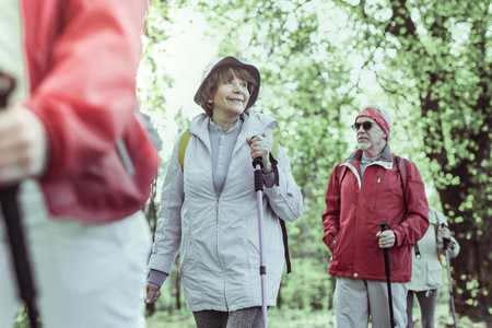 Active time spending. Elderly people hiking in the summer forest togetherの写真素材