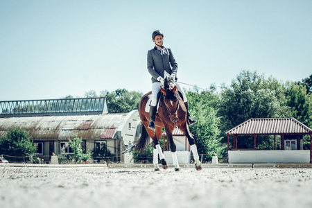 Mastering skills. Pleasant young rider mastering his riding skills while having his trainingの写真素材