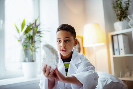 Office of father. Cute little boy wearing white jacket feeling curious while playing in office of fatherの写真素材