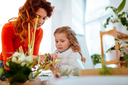 Mom and daughter. Red-haired young mom cutting dry edges of home plant with appealing cute daughterの写真素材