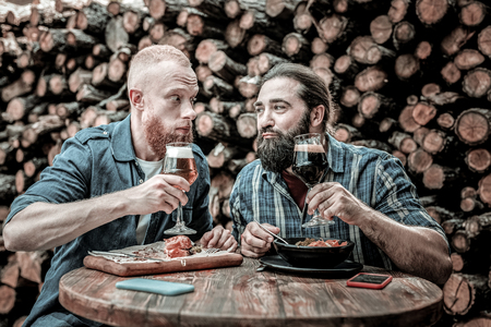 Drinking together. Two friends sitting at the wooden table outside the pub raising their glasses and proposing different toasts.の写真素材