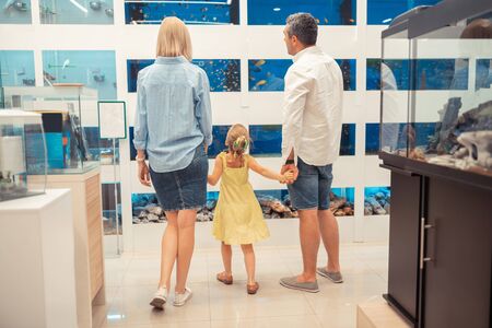 Looking at fishes. Blonde daughter wearing yellow dress holding parents hand and looking at fishesの写真素材