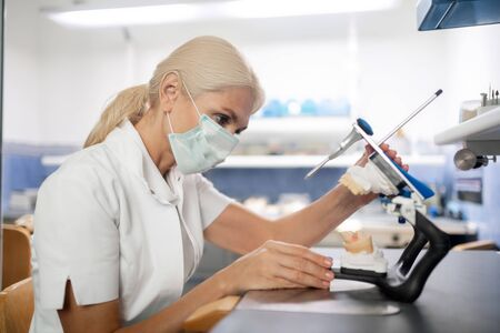 Studying teeth. Careful dentist wearing mask sitting in her office looking closely at cast model of patients teeth.の写真素材
