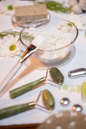 Closeup of a set of beauty products placed on a tableの写真素材