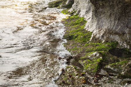 Ocean is bouncing against stones with moss on islandの写真素材