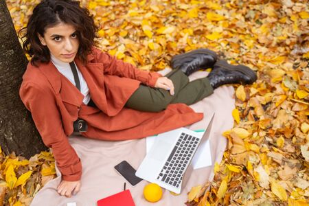 Calm young woman in an autumn forest sitting on a blanket with laptop and smartphoneの写真素材