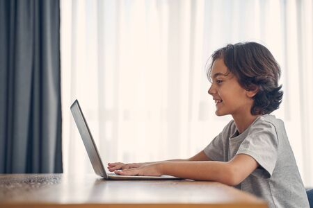 Happy boy staying at home and having nice time while playing on his computerの写真素材