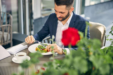Kind young man keeping smile on his face while looking at colorful saladの写真素材