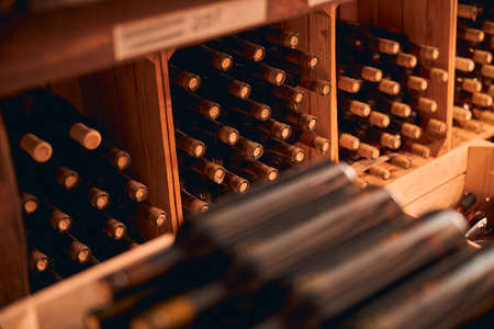 Storage room with bottles of alcoholic drink in wooden racks