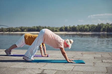 Side view of a flexible senior woman and a man doing a downward-facing dog exercise