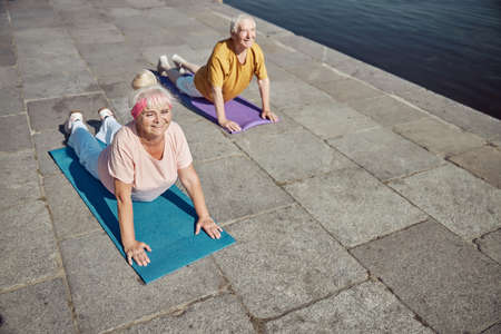 Front view of two cheerful elderly sporty Caucasian married people doing yoga on the matsの写真素材