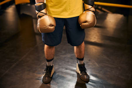 Cropped photo of a boxer standing in the middle of the ring with his hands on a waist levelの写真素材