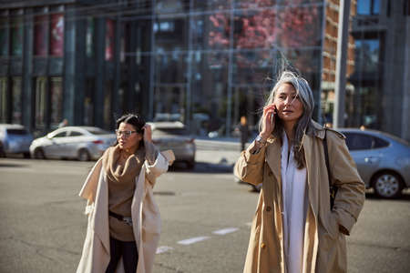 Elegant lady talking on cellphone and looking away while charming brunette woman standing behind her and adjusting hairの写真素材