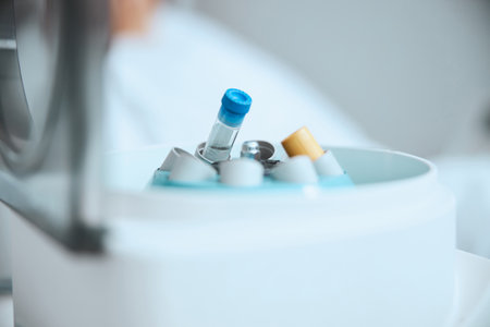 Close up of a set of sealed glass tubes placed into the centrifuge machine for centrifugationの写真素材
