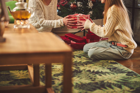 Cropped head of cheerful woman and her daughter opening presents at home on Boxing Dayの写真素材