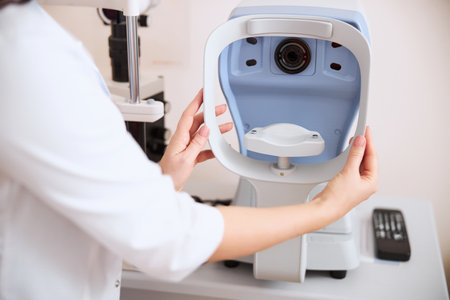 Eye care professional adjusting the position of an automated refractor device before the patient...