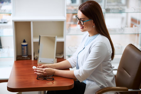 Medical specialist in a while lab coat sitting with the contact lenses pack in her armsの写真素材