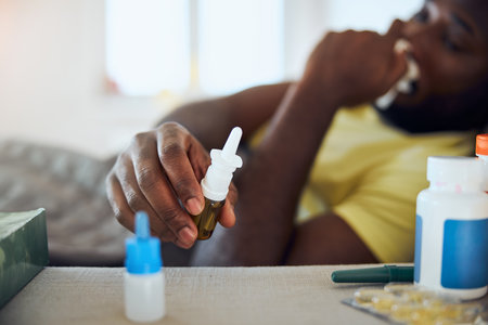 Patient getting the medical drops from a bedside table while suffering from a running noseの写真素材