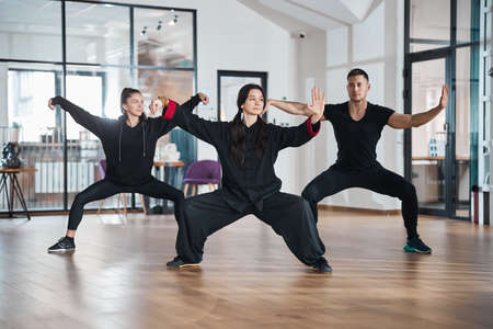Tai chi students with teacher training single whip form
