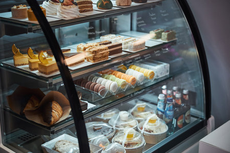 Diverse choice of miscallaneous desserts presented in cafe fridgeの写真素材