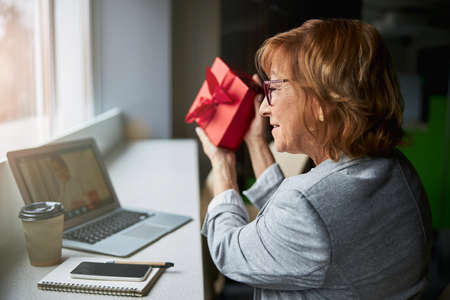 Profile photo of pleased woman looking at laptop