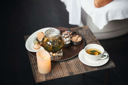 Tasty treats for guests of spa center on the deskの写真素材