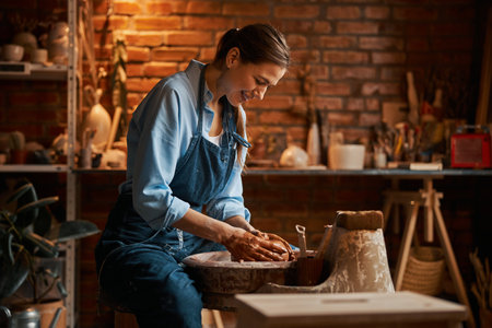 Professional ceramicist shaping clay pot in pottery workshop while using pottery wheelの写真素材