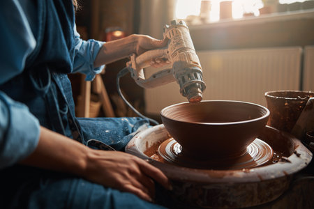 Concentrated craft woman sitting on pottery wheel while modeling clay bowl in art studioの写真素材