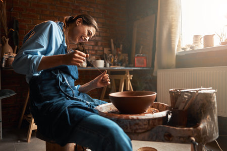 Beautiful young Caucasian female artisan wearing apron working with non painted clay pottery tableware in workshopの写真素材