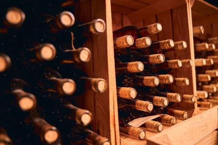 Bottles of wine stored in wooden racksの写真素材
