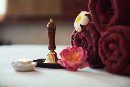 Beautifully prepared couch for thai massage in studioの写真素材